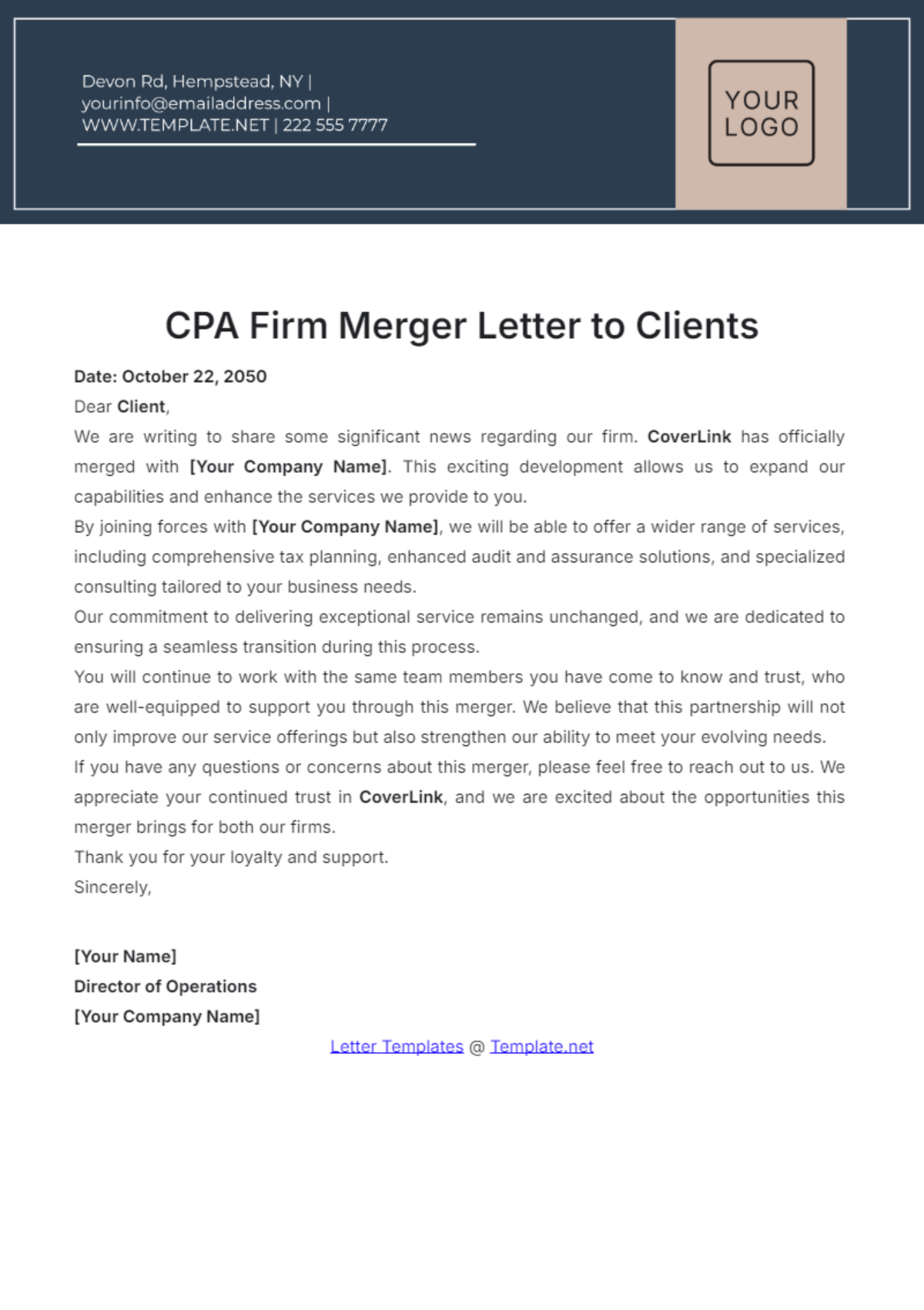 CPA Firm Merger Letter to Clients Template - Edit Online & Download