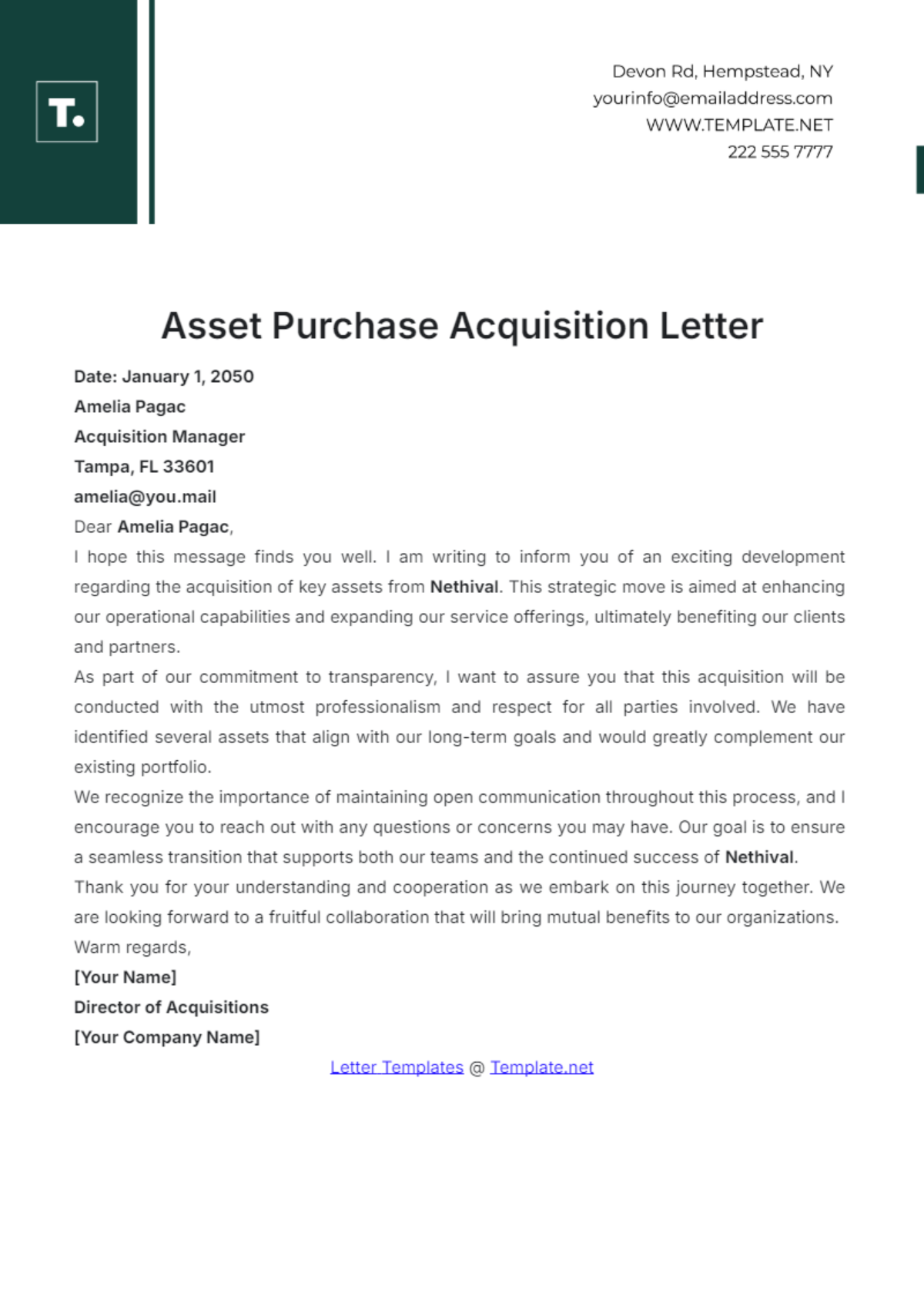 Asset Purchase Acquisition Letter Template - Edit Online & Download