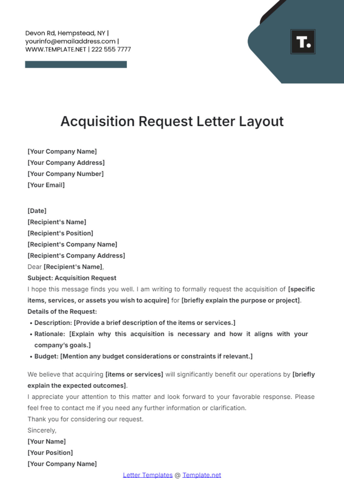 Acquisition Request Letter Layout Template - Edit Online & Download