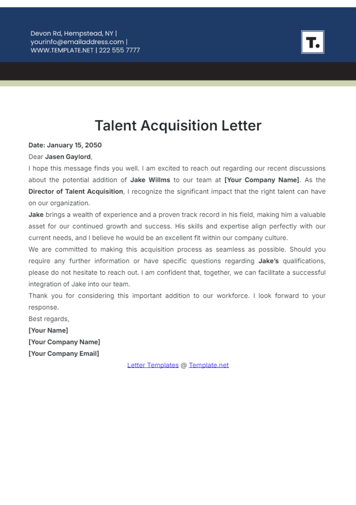 Talent Acquisition Letter Template - Edit Online & Download