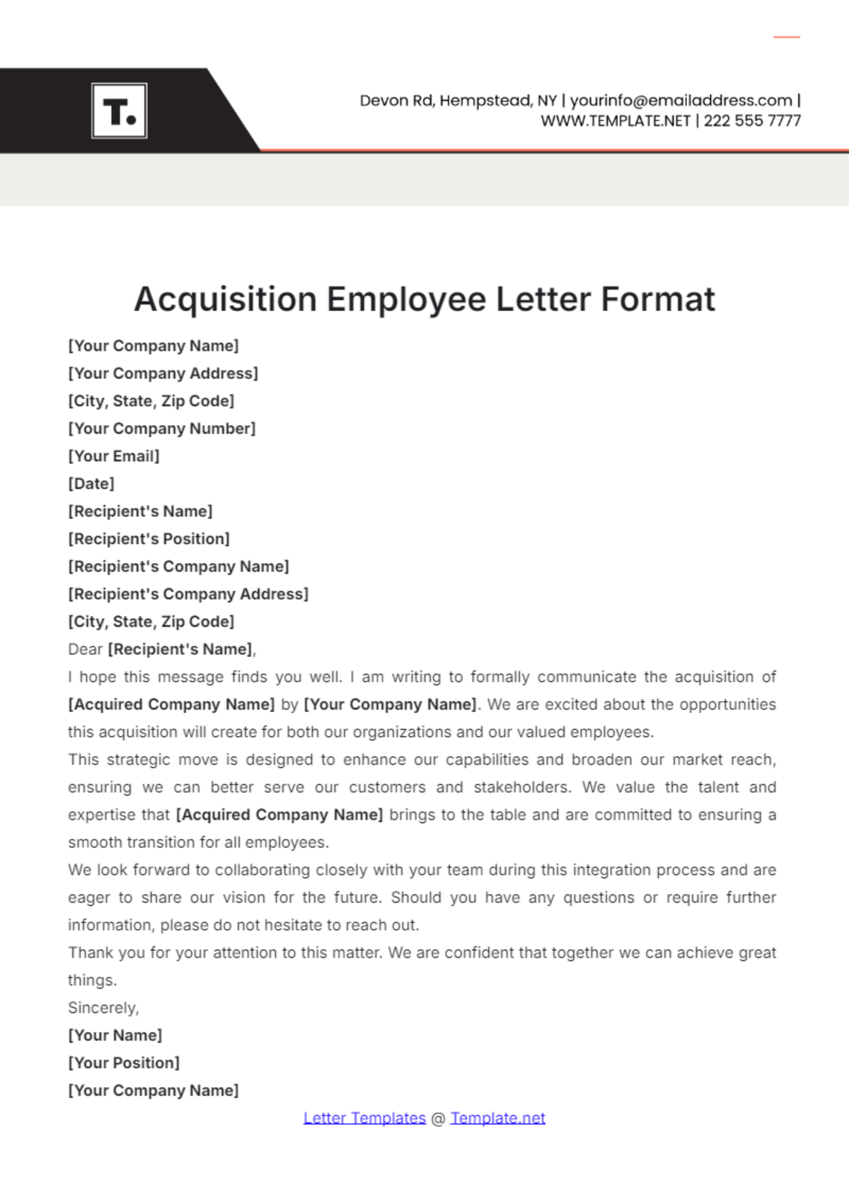 Acquisition Employee Letter Format Template