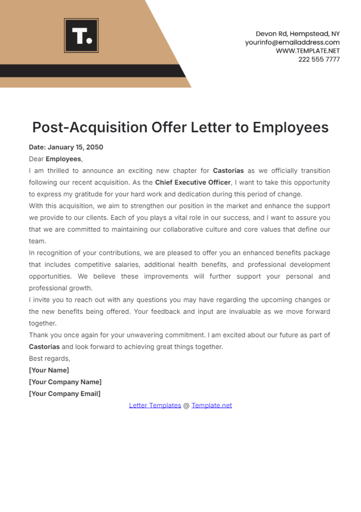 Post-Acquisition Offer Letter to Employees Template - Edit Online & Download