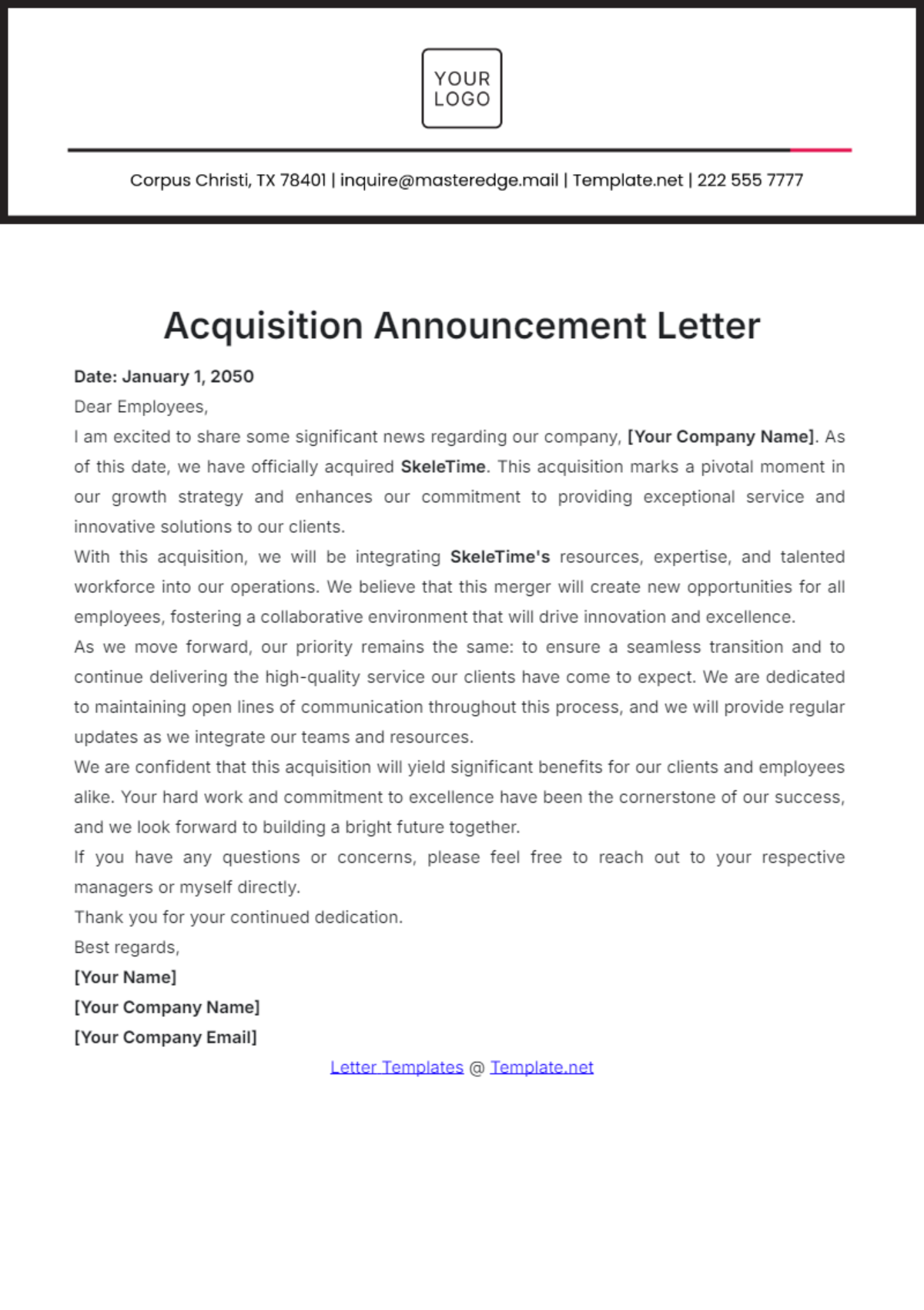 Acquisition Announcement Letter Template - Edit Online & Download