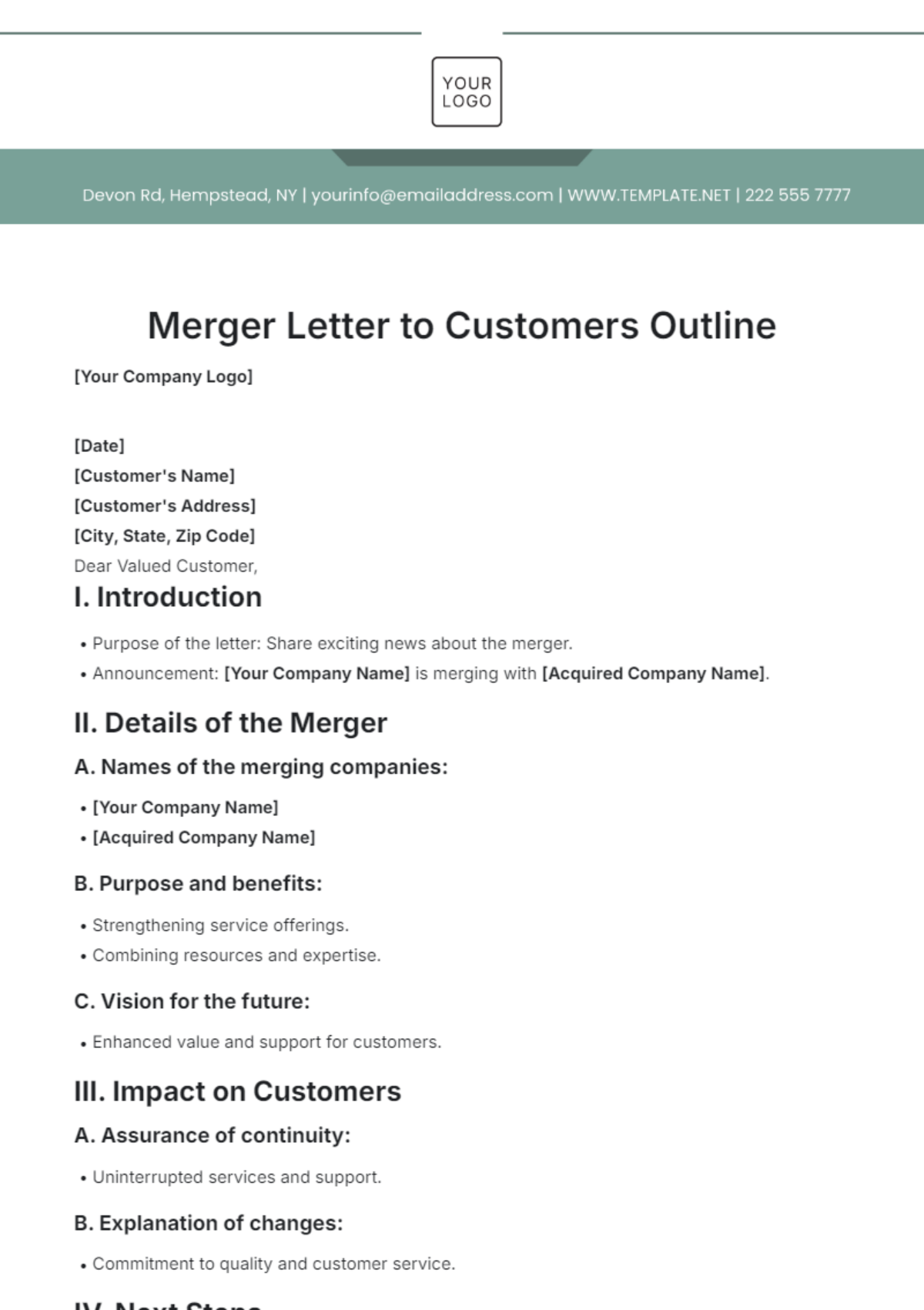 Merger Letter to Customers Outline Template - Edit Online & Download