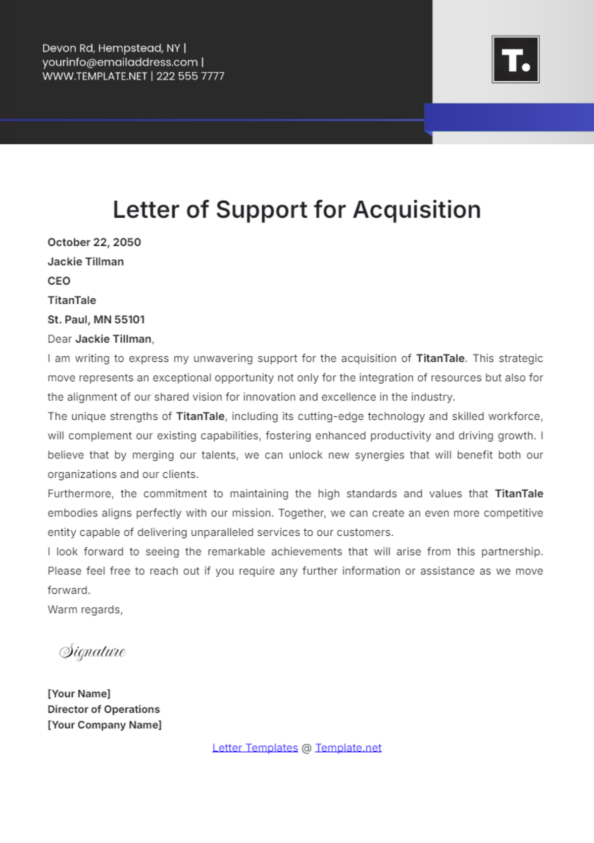 Letter of Support for Acquisition Template - Edit Online & Download