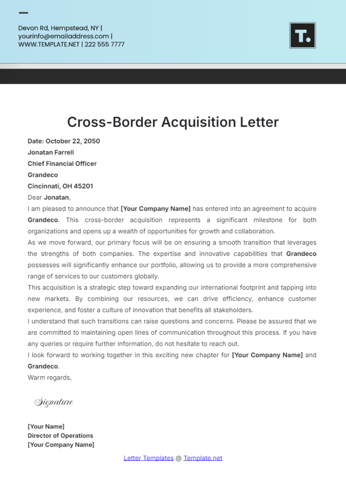 Cross-Border Acquisition Letter Template - Edit Online & Download