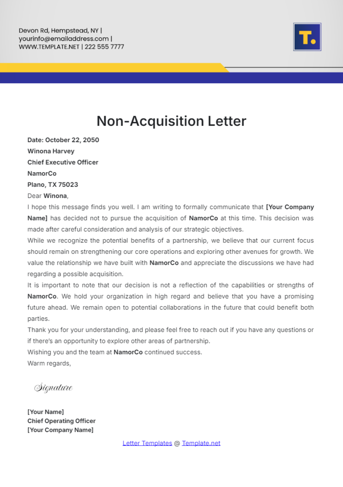 Non-Acquisition Letter Template - Edit Online & Download