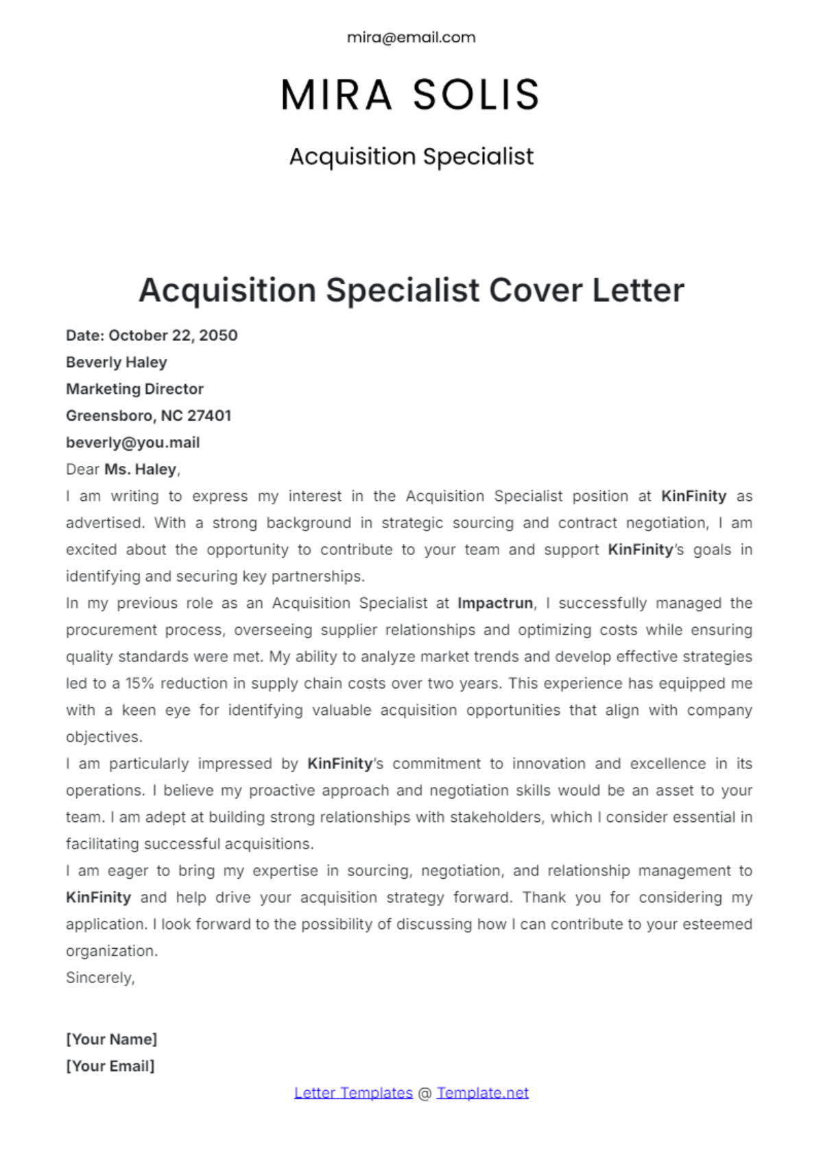 Acquisition Specialist Cover Letter Template - Edit Online & Download