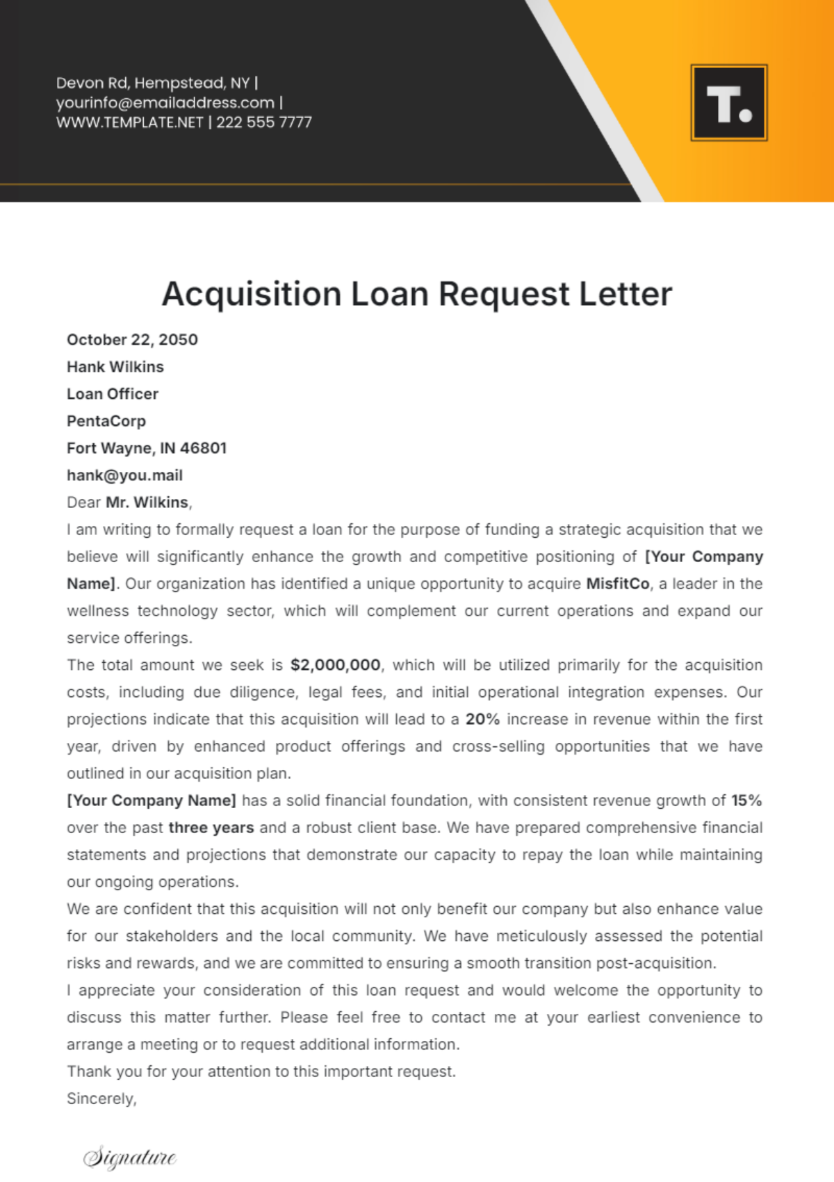 Acquisition Loan Request Letter Template - Edit Online & Download