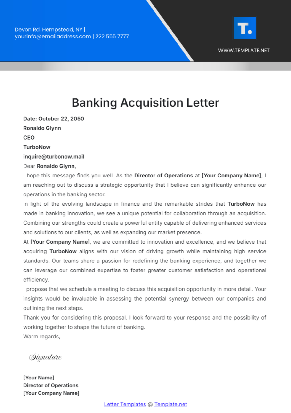 Banking Acquisition Letter Template - Edit Online & Download