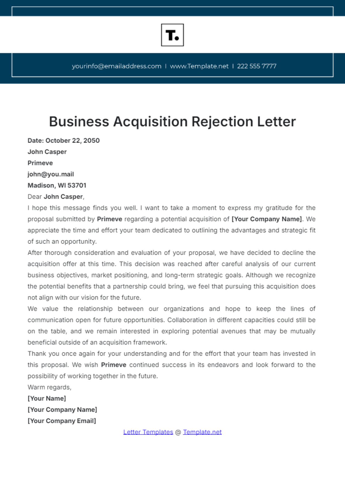 Business Acquisition Rejection Letter Template - Edit Online & Download