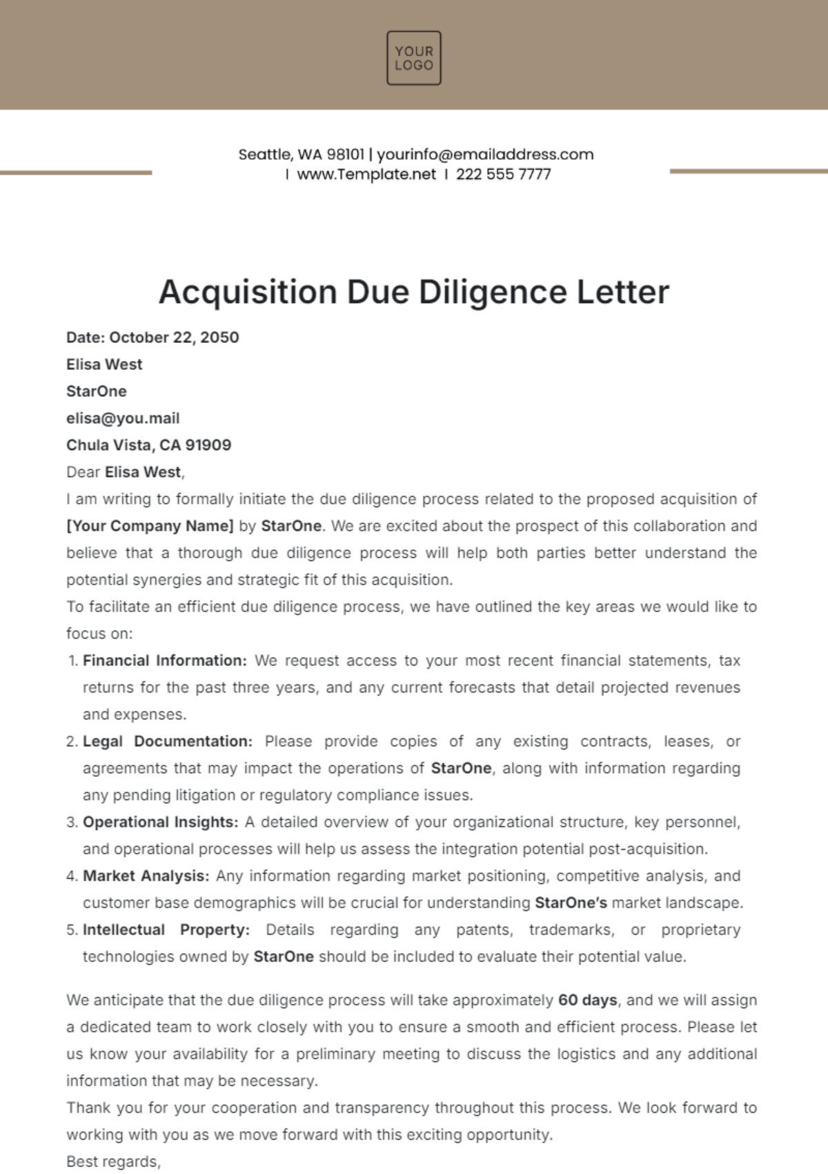 Acquisition Due Diligence Letter Template