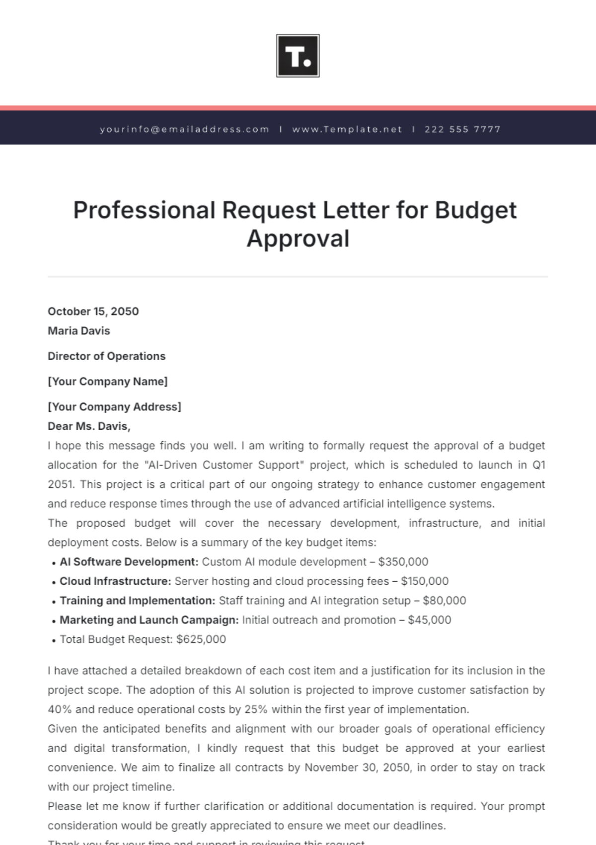 Professional Request Letter for Budget Approval Template - Edit Online & Download