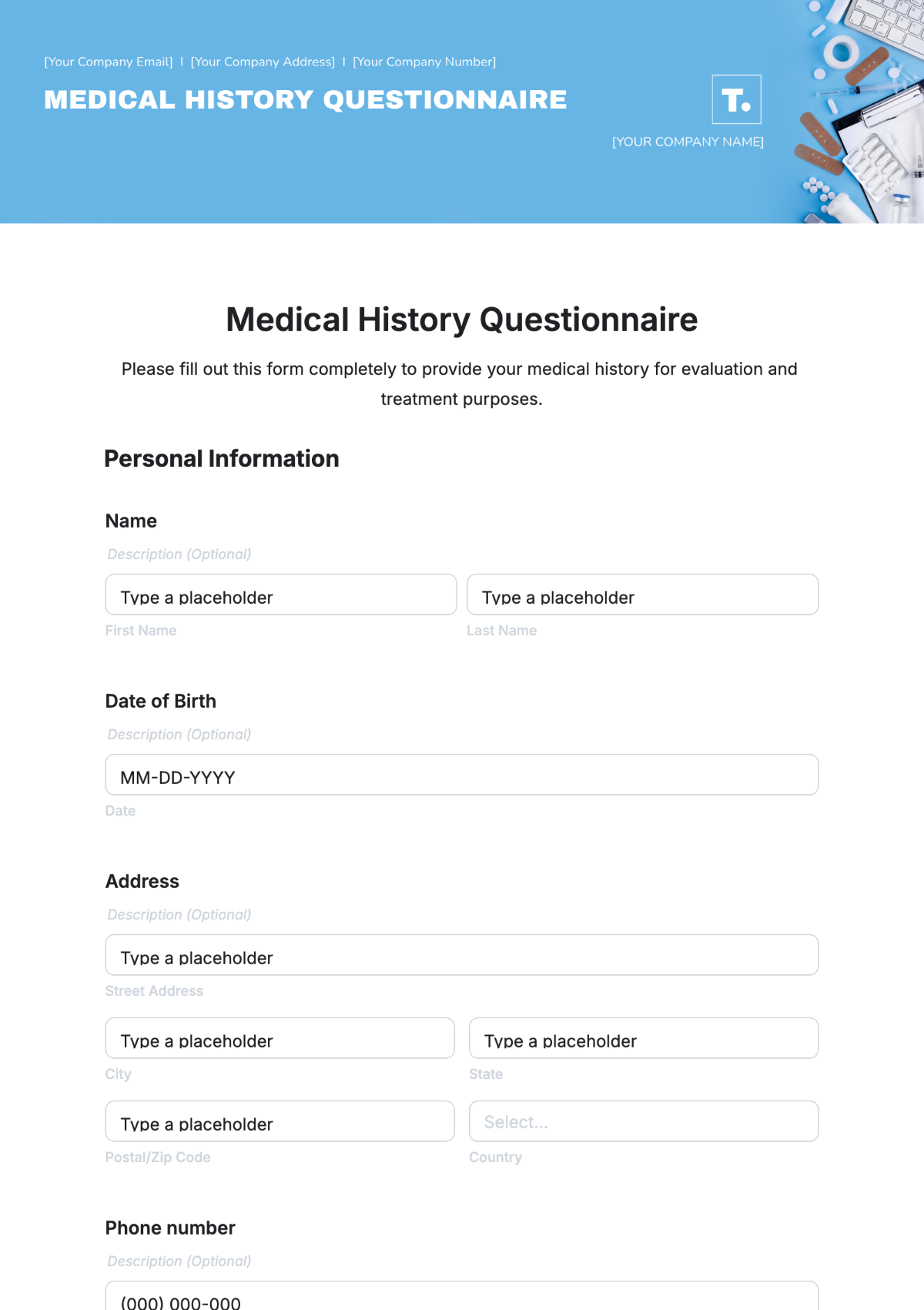 Medical History Questionnaire Template