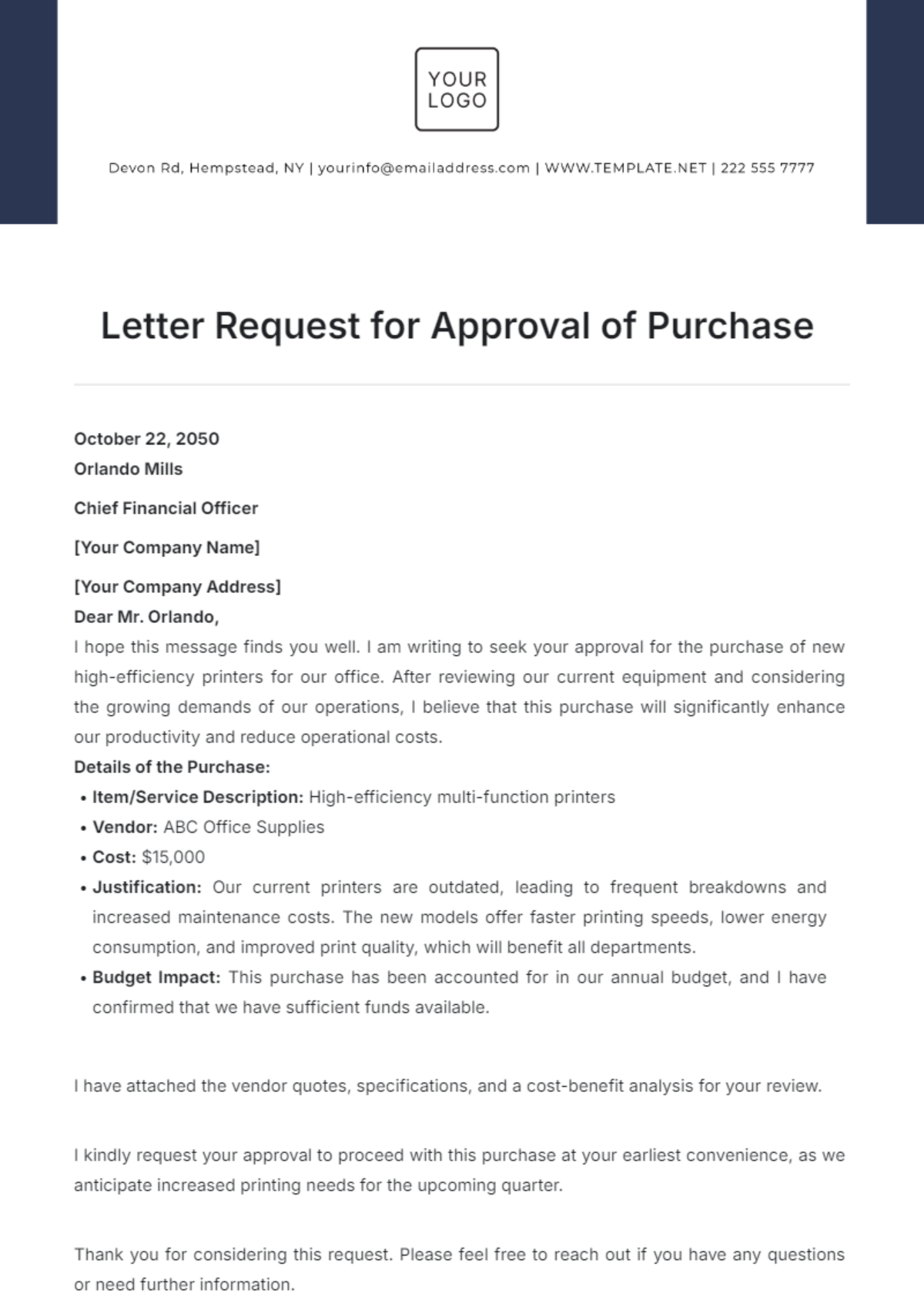 Letter Request for Approval of Purchase Template - Edit Online & Download