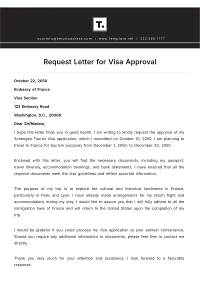 Free Request Letter for Visa Approval Template to Edit Online