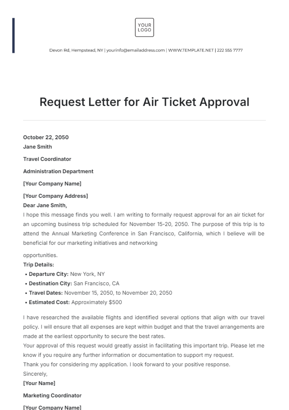 Request Letter for Air Ticket Approval Template