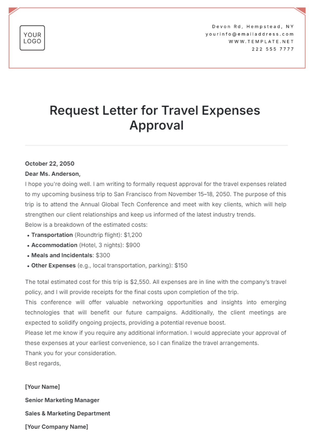 Request Letter for Travel Expenses Approval Template