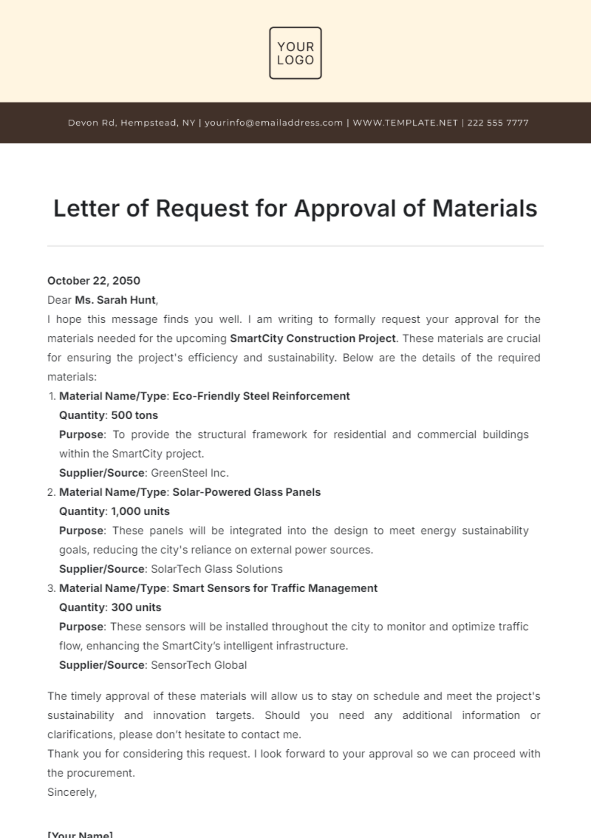 Letter of Request for Approval of Materials Template