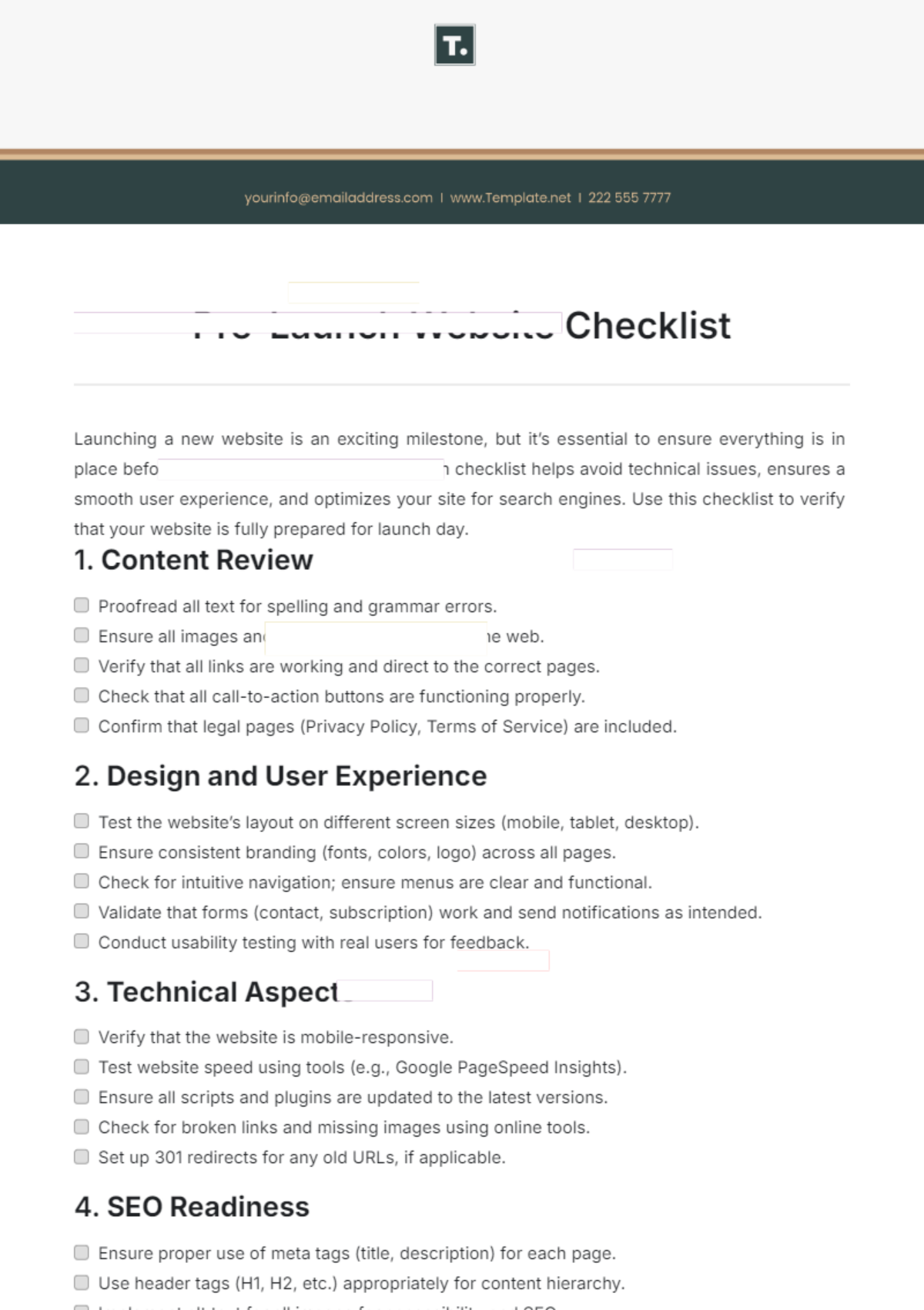 Pre-Launch Website Checklist Template - Edit Online & Download