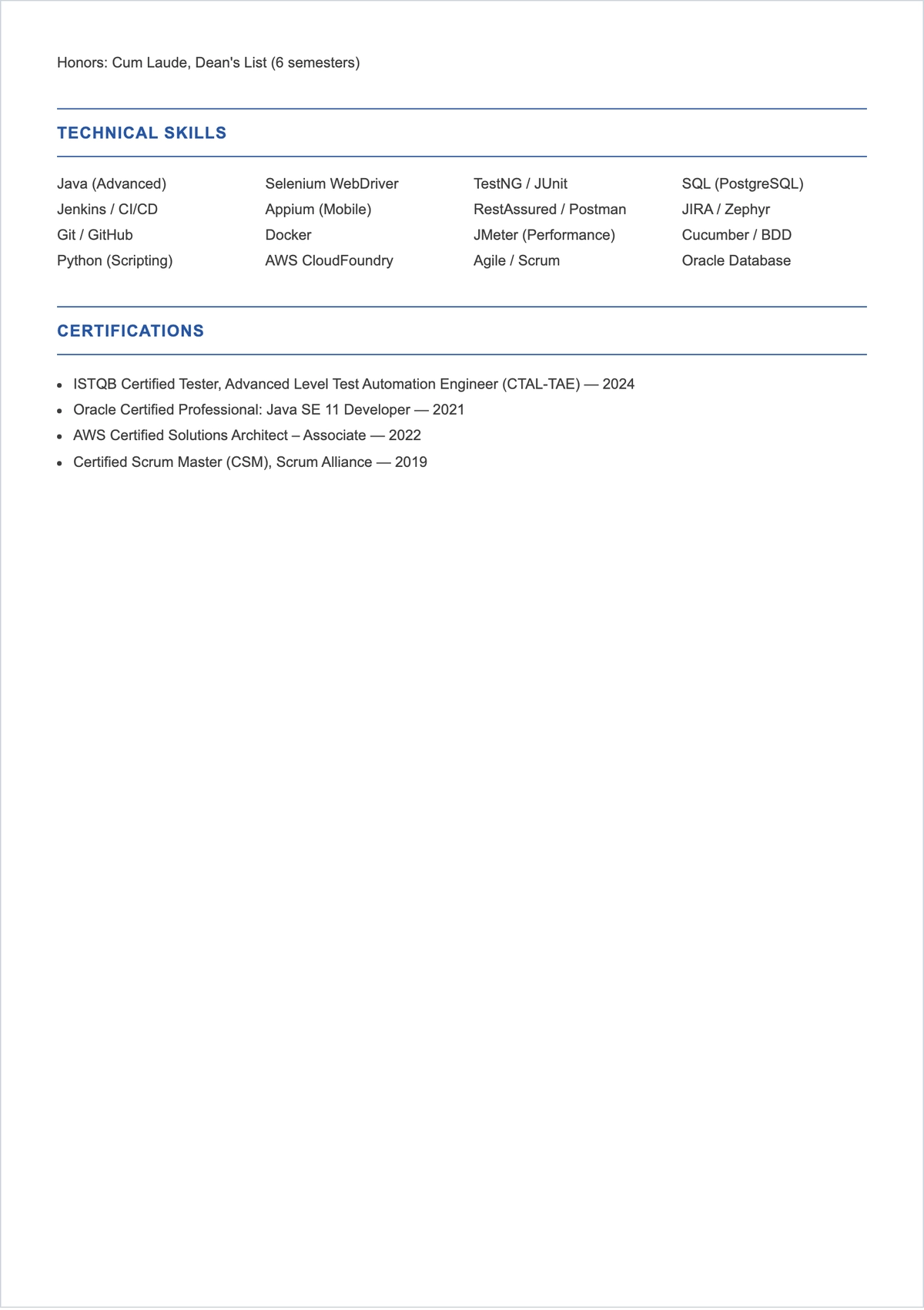 Free Tester ATS Resume Template, AI Resume Builder