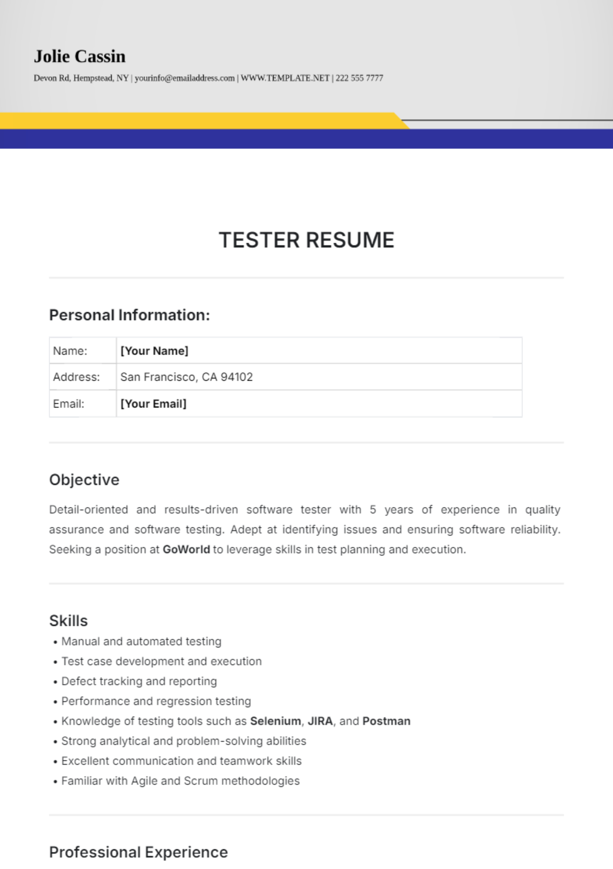 Tester Resume Template - Edit Online & Download