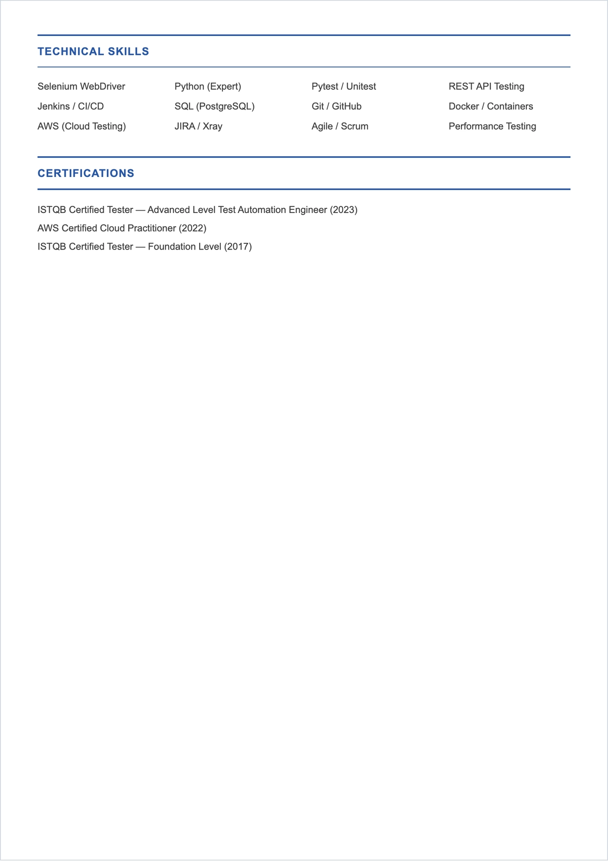 Free Automation Tester ATS Resume Template, AI Resume Builder