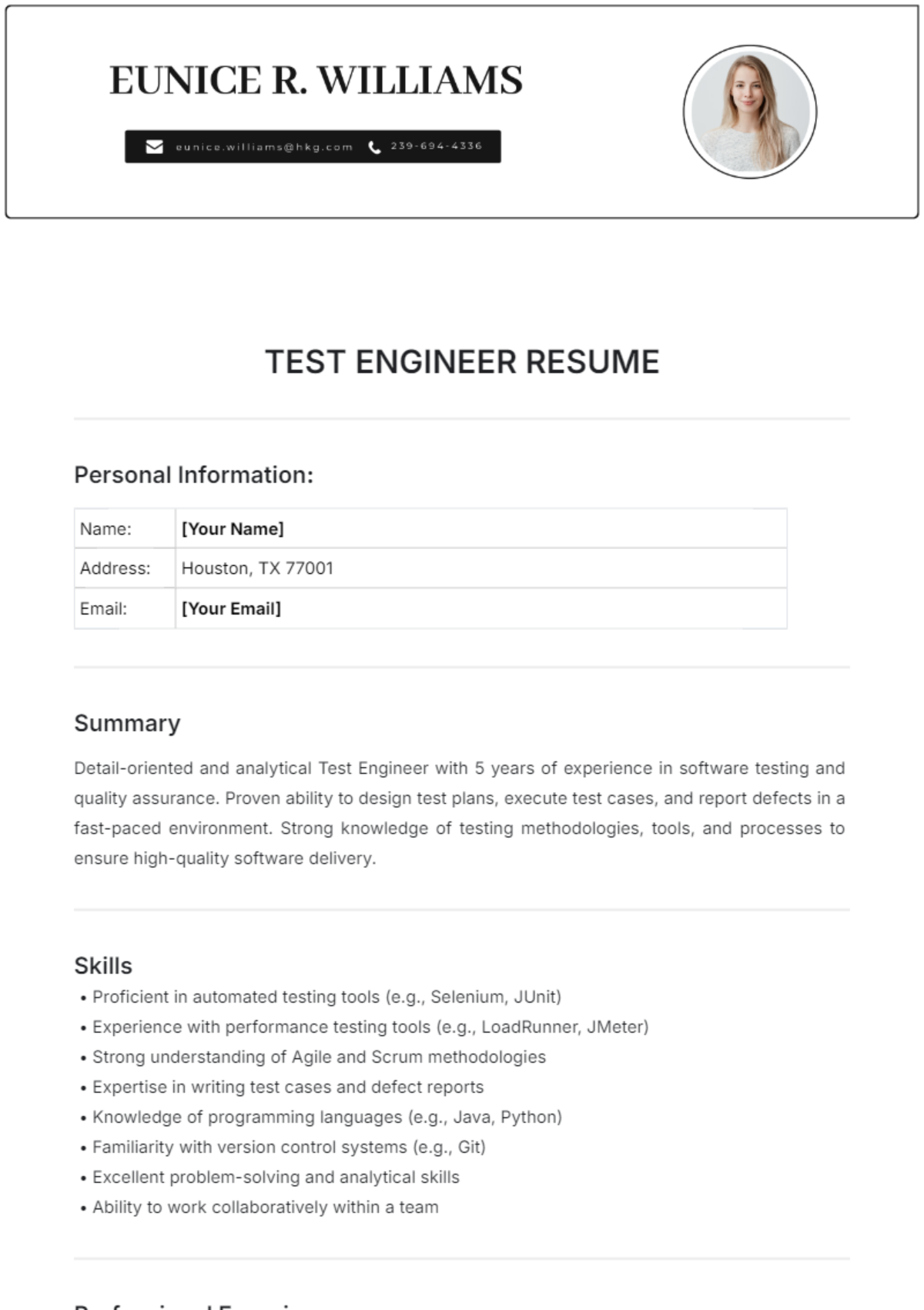 Test Engineer Resume Template - Edit Online & Download