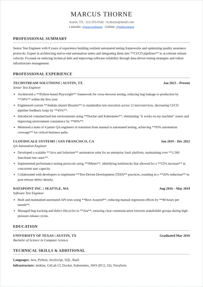 Free Test Engineer ATS Resume Template, AI Resume Builder