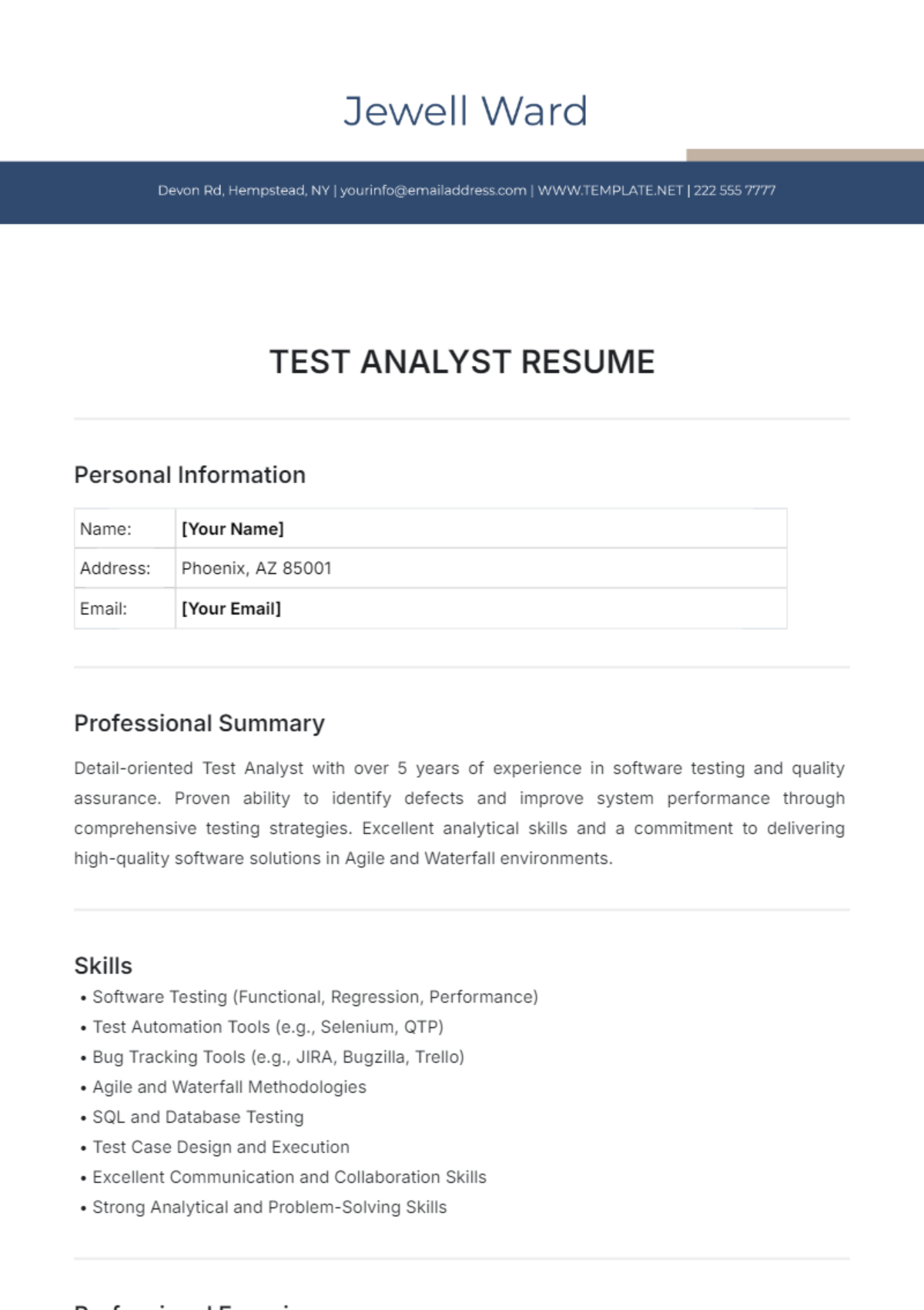 Test Analyst Resume Template - Edit Online & Download