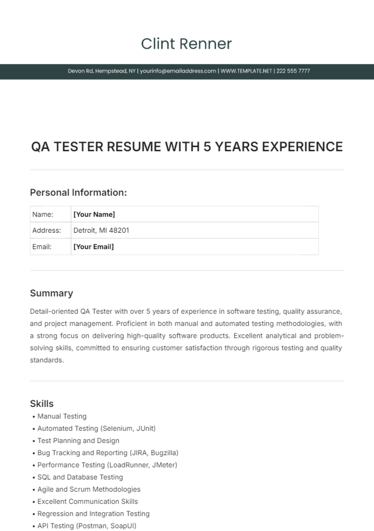 QA Tester Resume with 5 Years Experience Template - Edit Online & Download