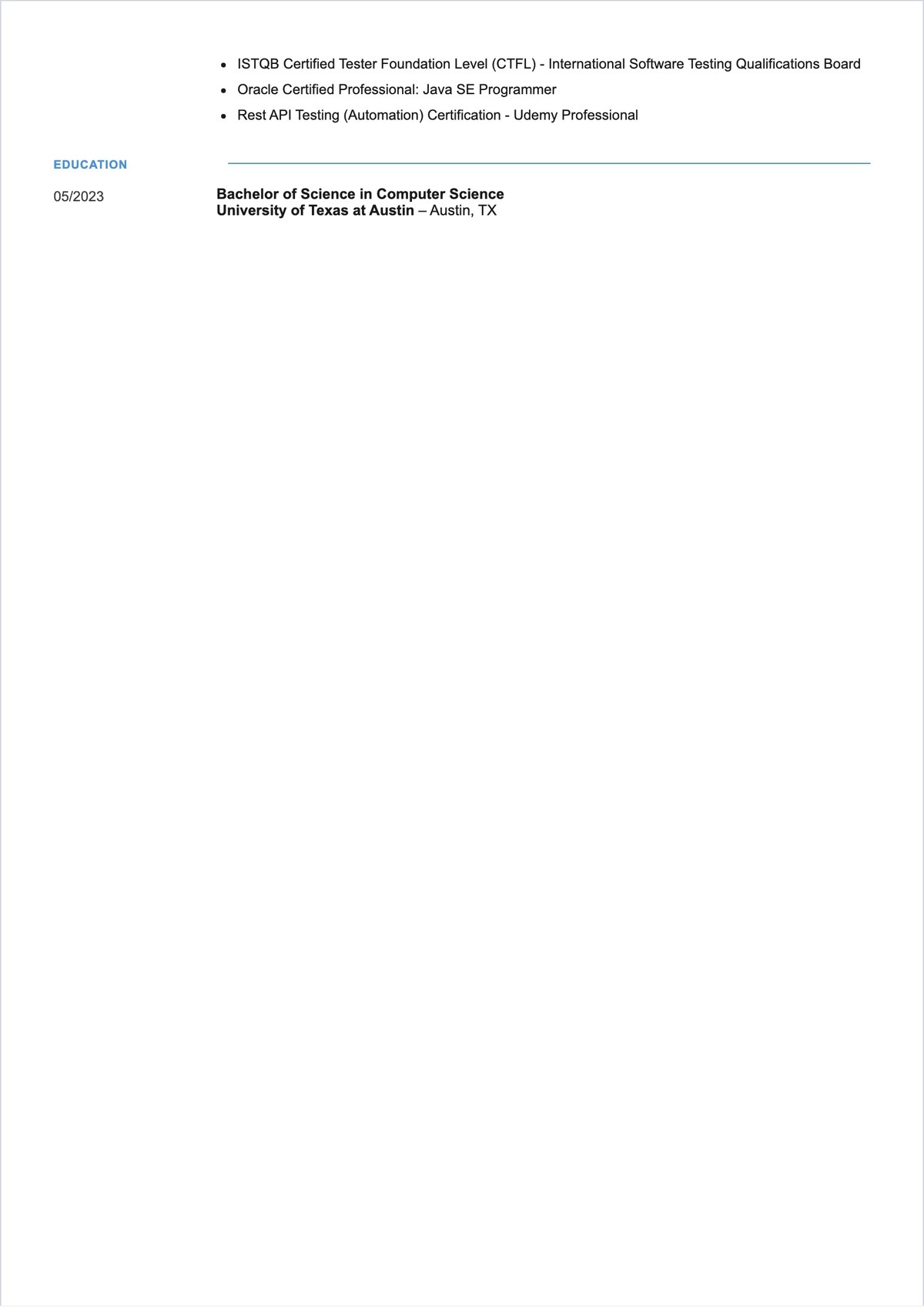 Free Software Tester ATS Resume for 3 Years Experience Template