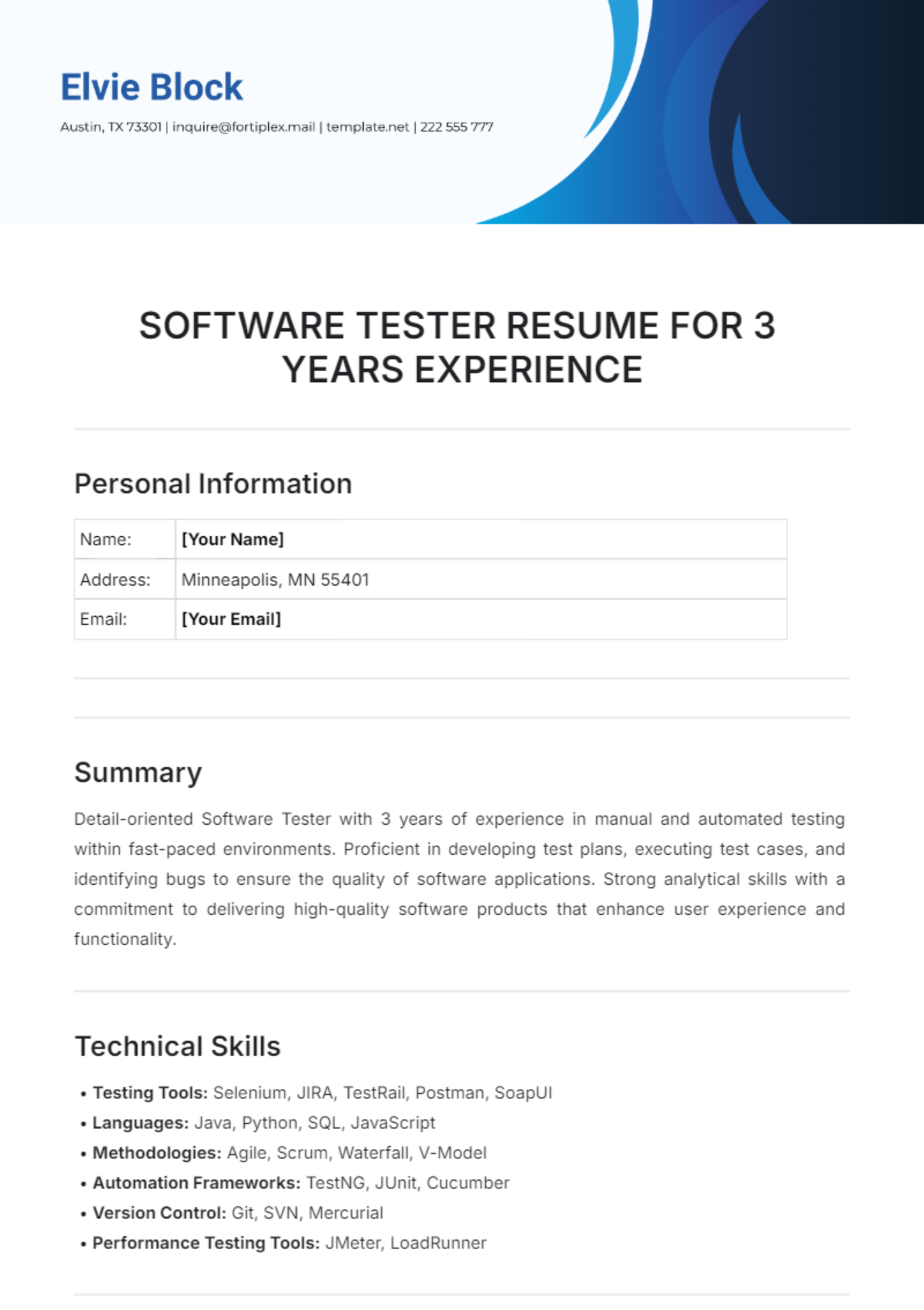 Software Tester Resume for 3 Years Experience Template - Edit Online & Download