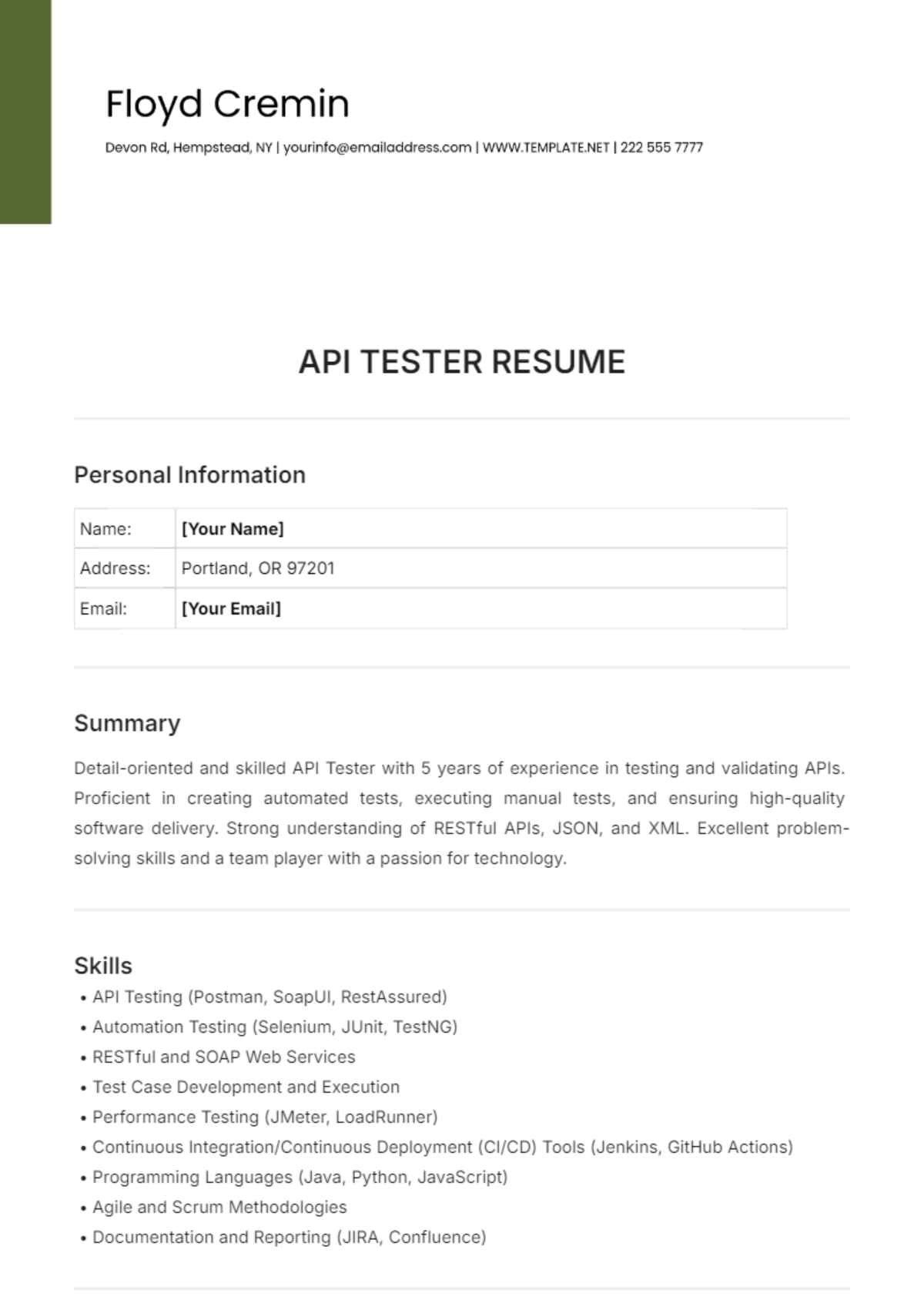 API Tester Resume Template - Edit Online & Download