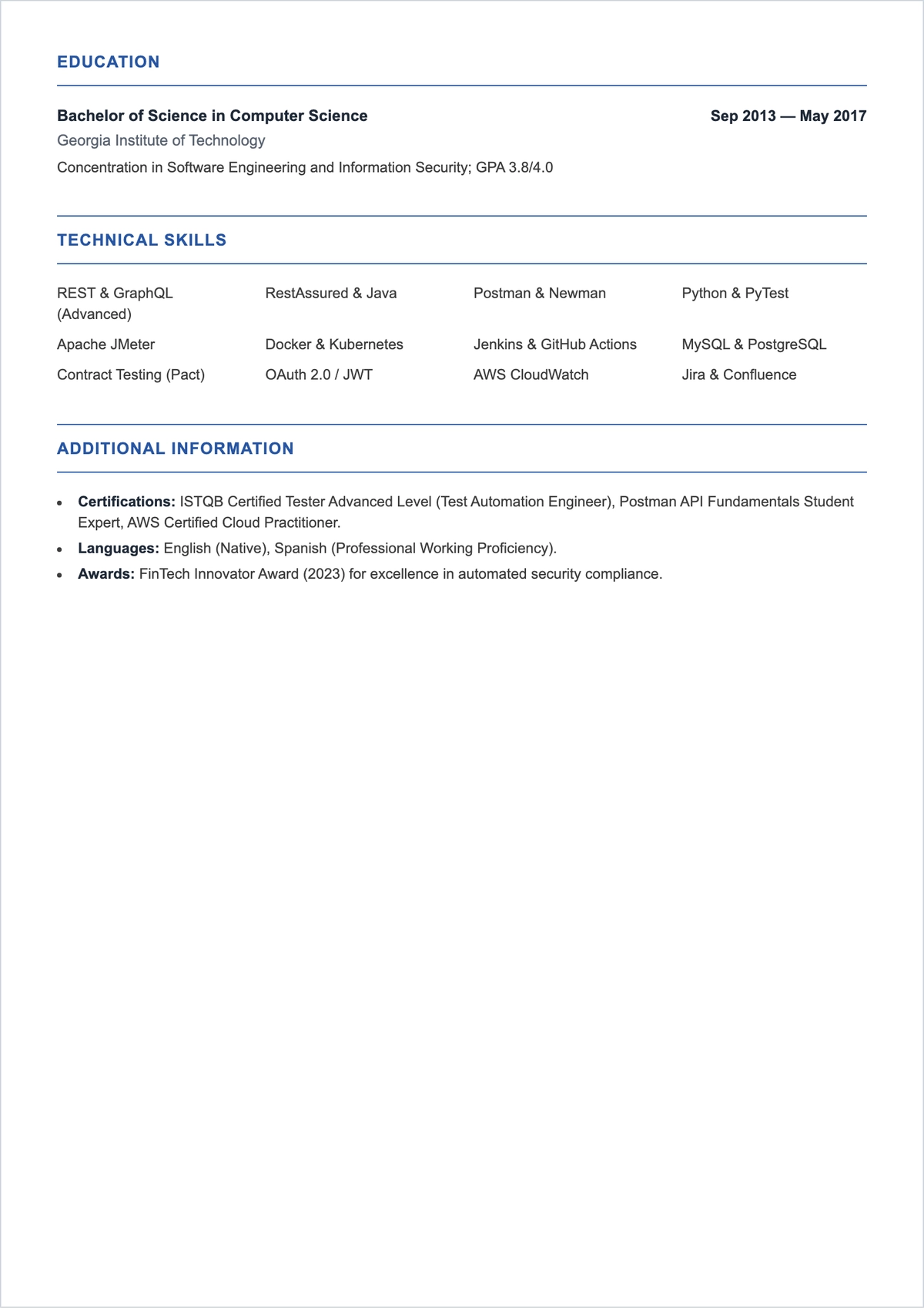 Free API Tester ATS Resume Template, AI Resume Builder