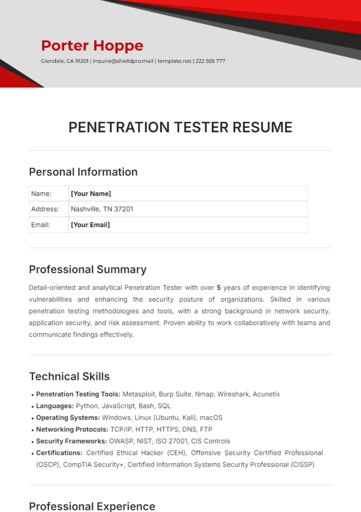 Penetration Tester Resume Template - Edit Online & Download