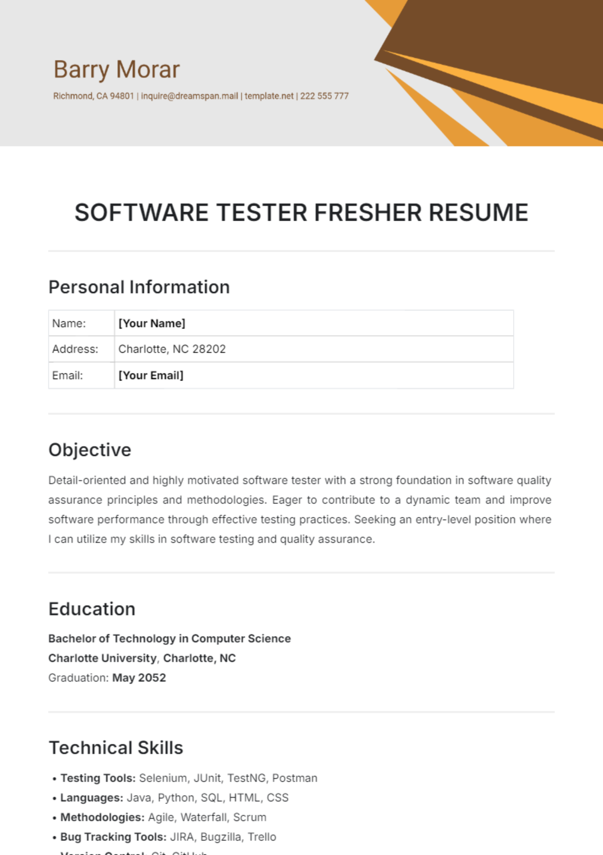 Software Tester Fresher Resume Template - Edit Online & Download