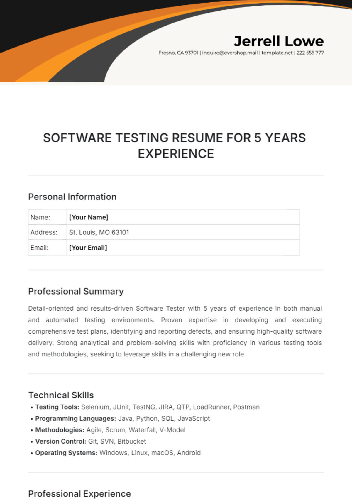 Software Testing Resume for 5 Years Experience Template - Edit Online & Download