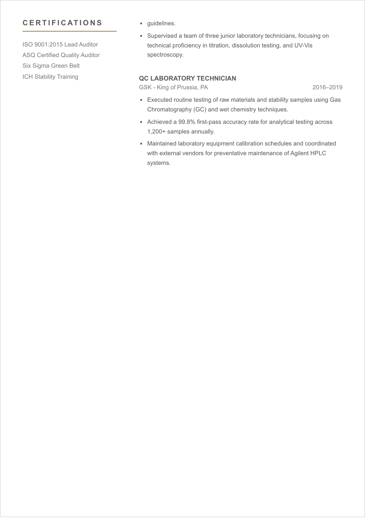 Free Quality Control ATS Resume Template, AI Resume Builder