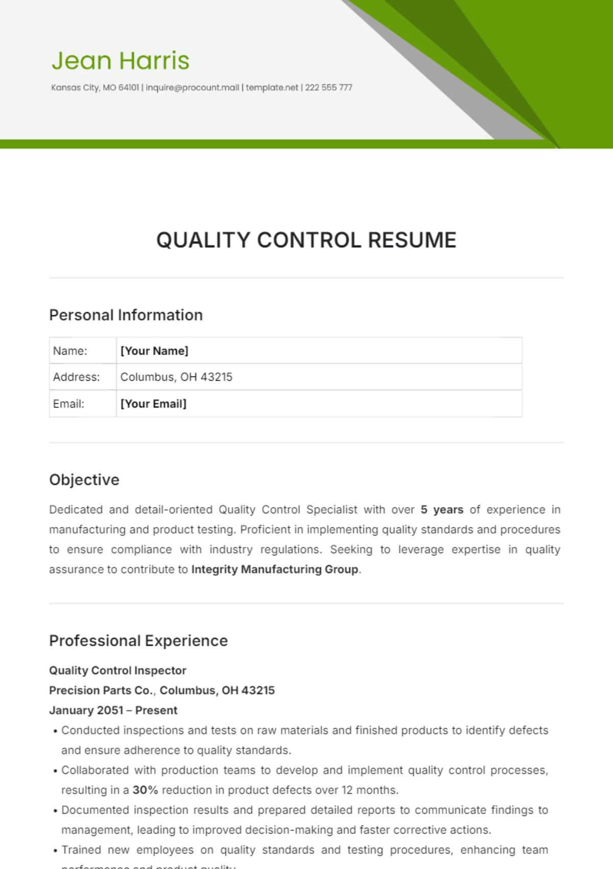 Quality Control Resume Template - Edit Online & Download