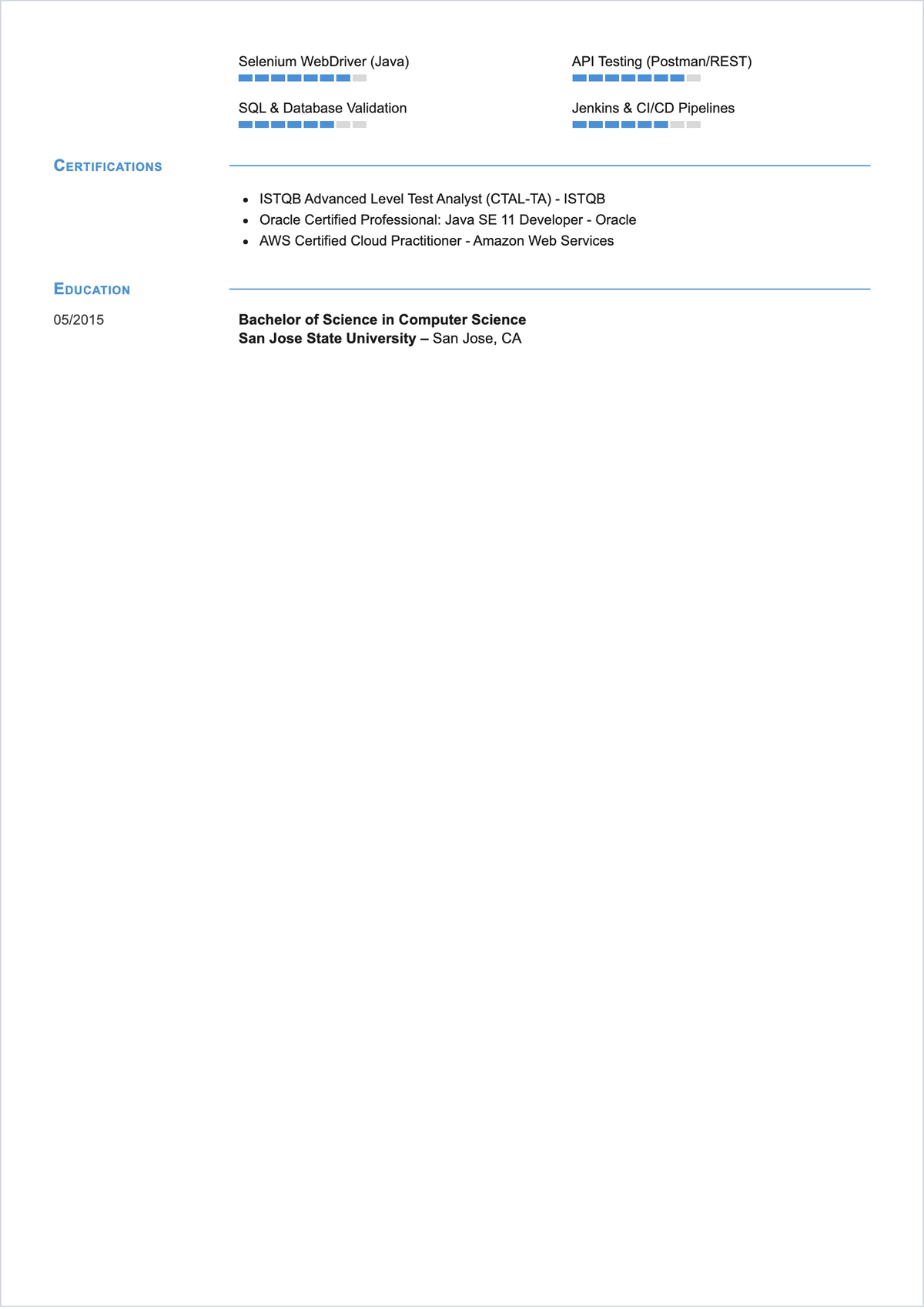 Free Senior QA Tester ATS Resume Template, AI Resume Builder