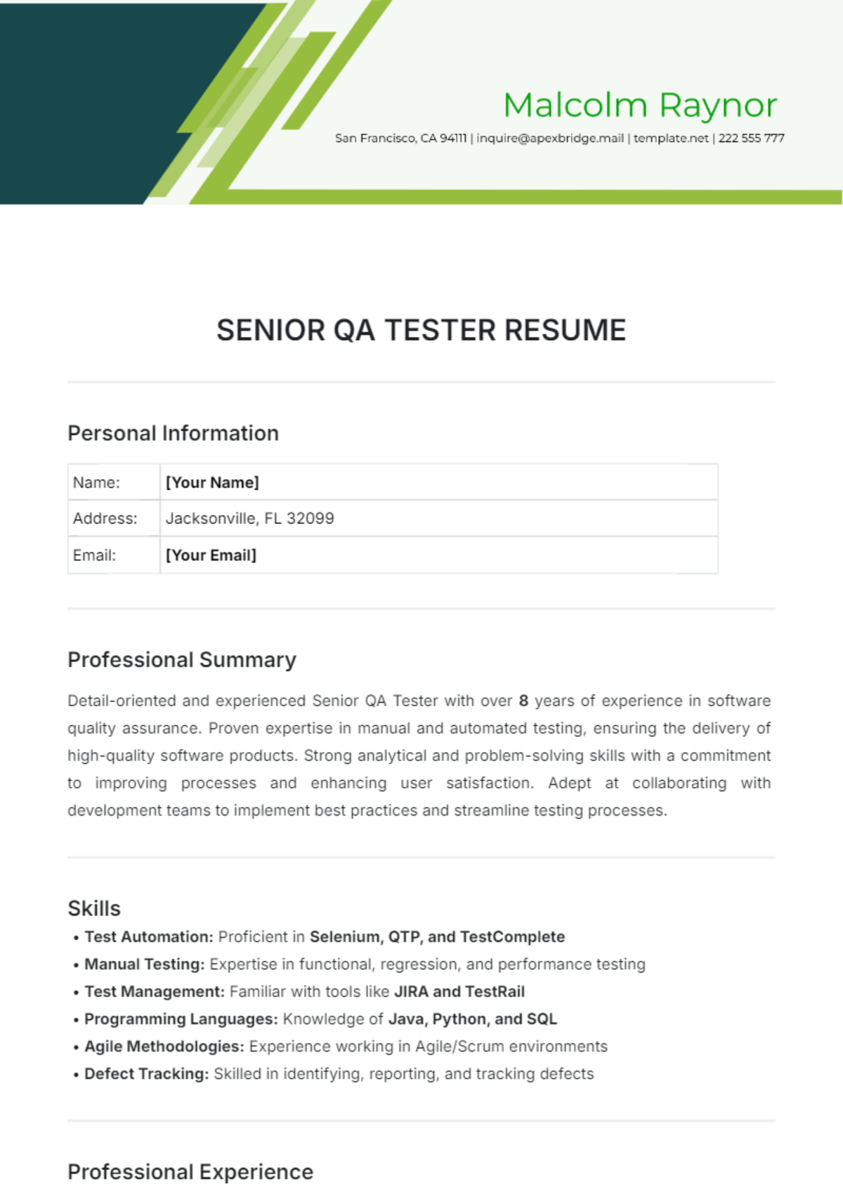 Senior QA Tester Resume Template - Edit Online & Download