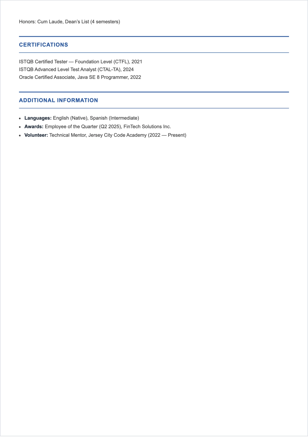Free System Tester ATS Resume Template, AI Resume Builder