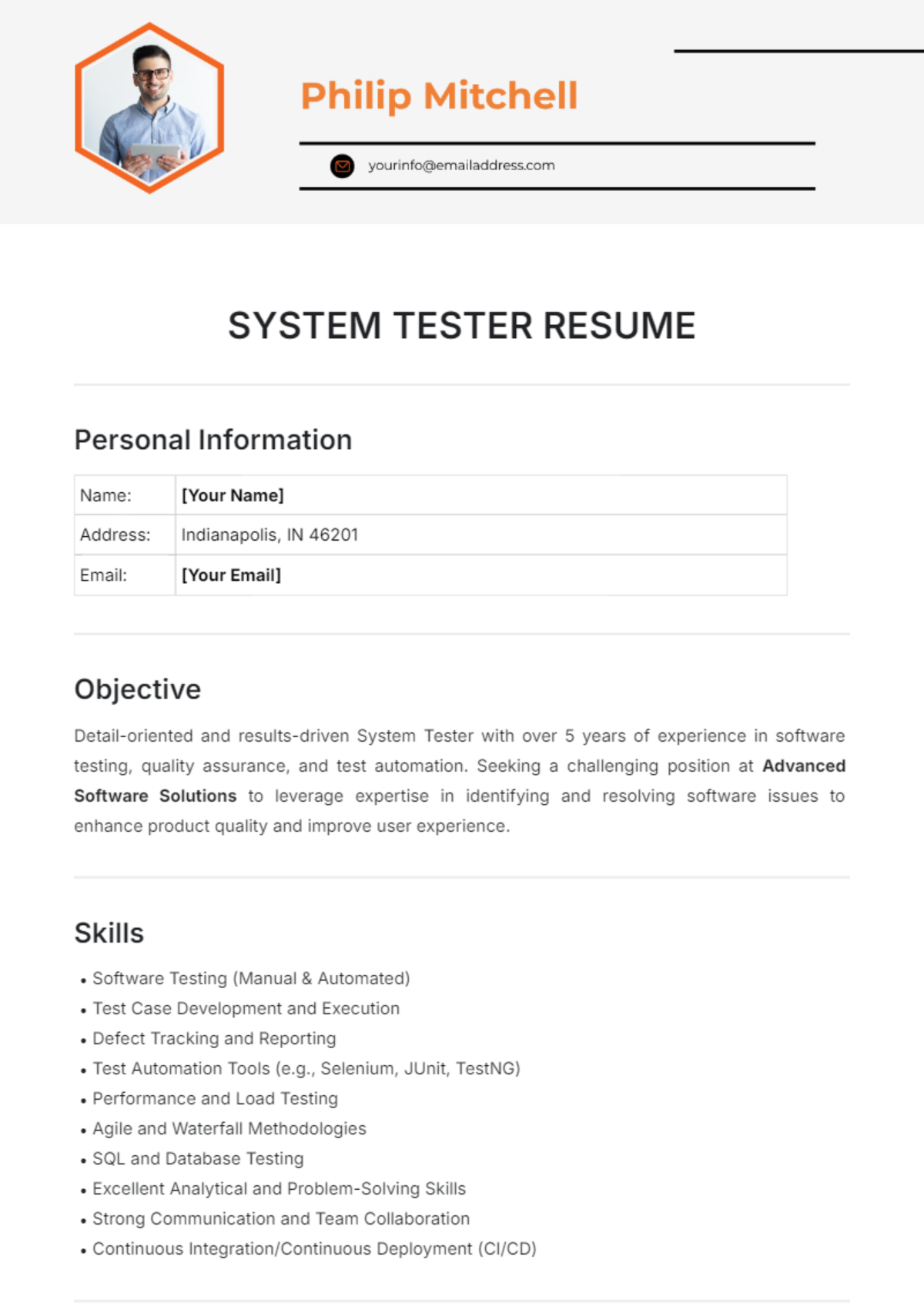 System Tester Resume Template - Edit Online & Download