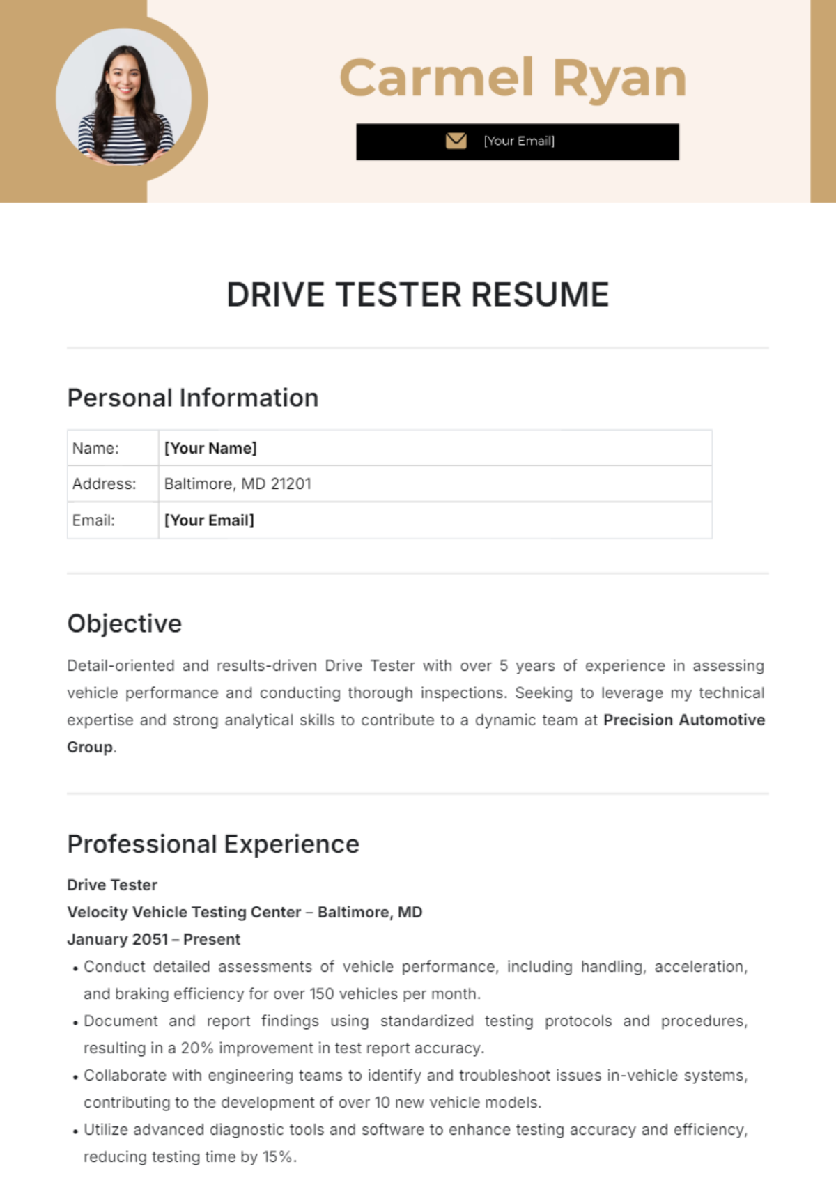 Drive Tester Resume Template - Edit Online & Download