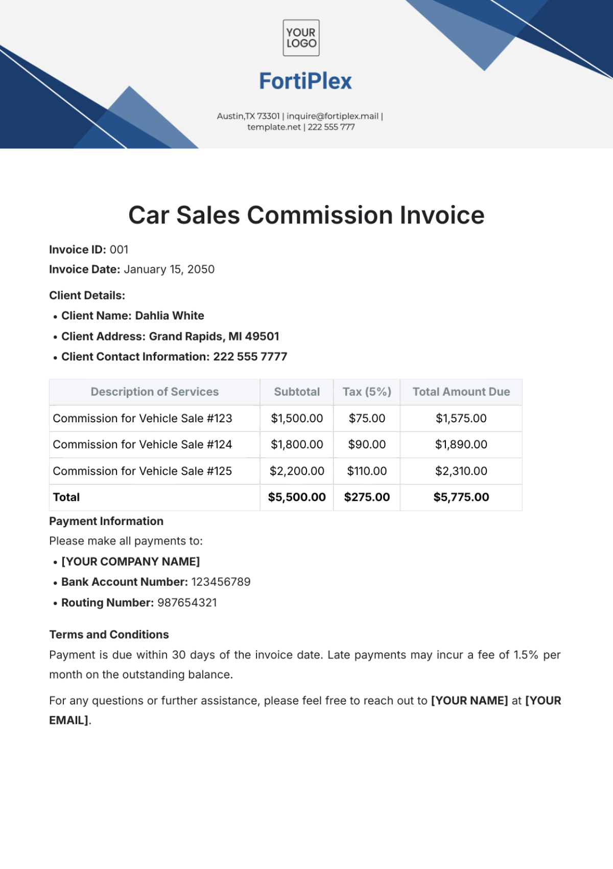 Car Sales Commission Invoice Template - Edit Online & Download