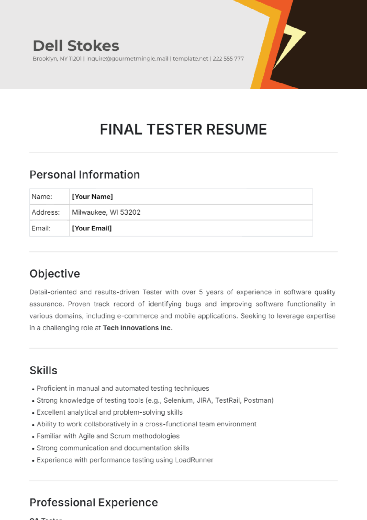 Final Tester Resume Template - Edit Online & Download