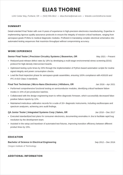 Free Final Tester ATS Resume Template, AI Resume Builder