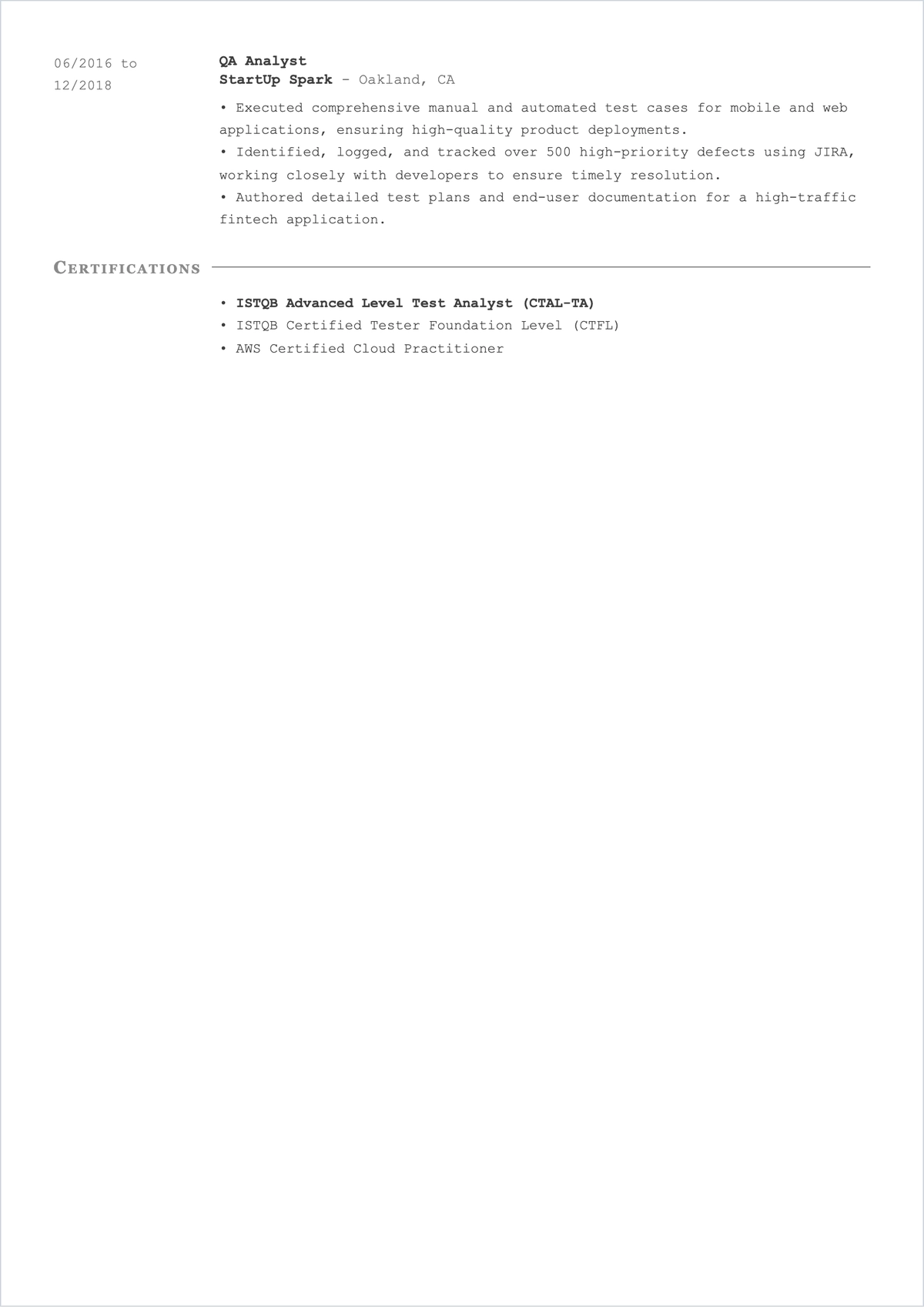 Free Test Engineer ATS CV Design Template, AI Resume Builder
