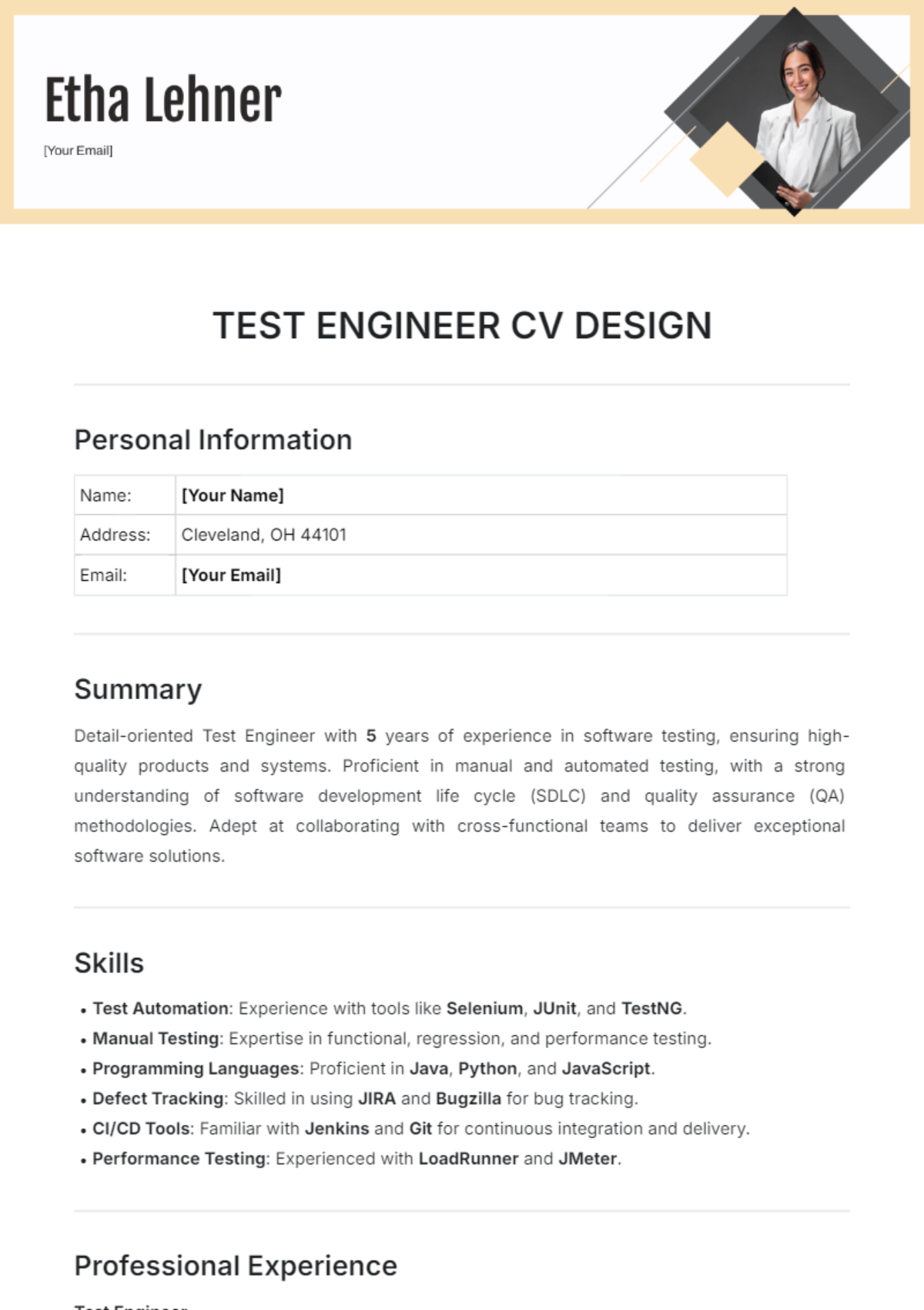 Test Engineer CV Design Template - Edit Online & Download